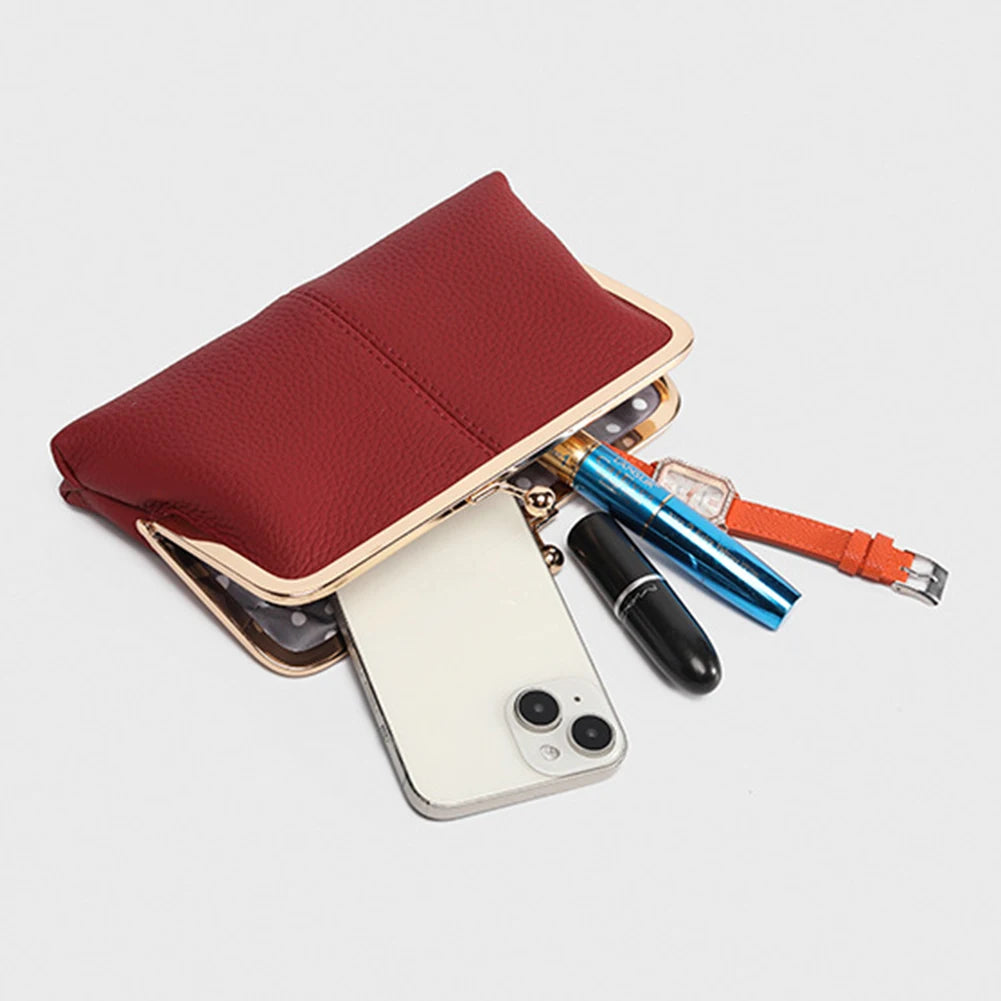 Genuine Leather Vintage Kiss Lock Wallet Large Capacity Long Card Holder Double Clip Travel Wallet Key Card Storage Bag