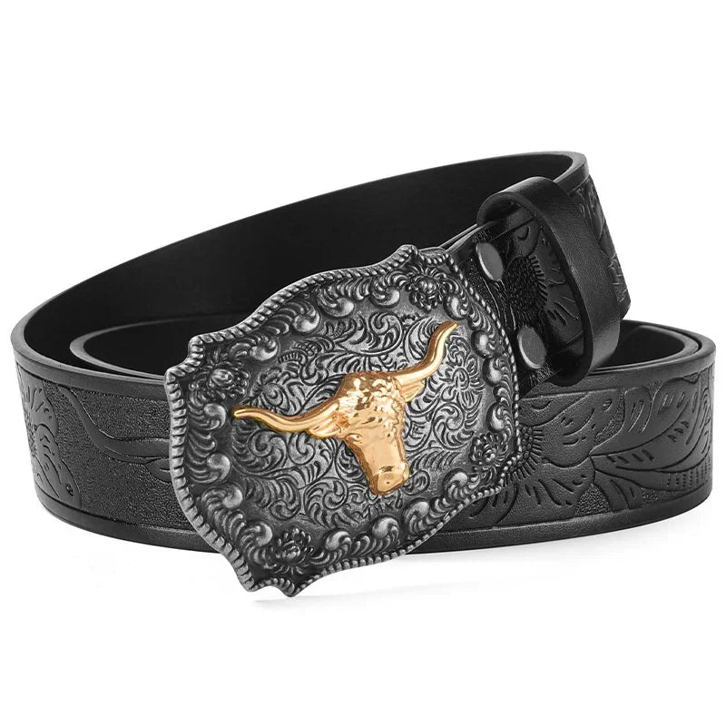 New Men's Western Cowboy Belt - Cool Handsome Black Faux Leather with Embossed Design and Stylish Alloy Buckle men belt