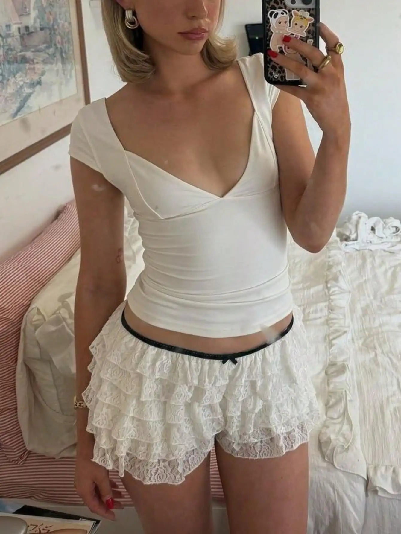 Two Women's V-neck Short-sleeved Crop Tops Y2K Tight T-shirts Summer 2025 Slim-fit Casual Short-sleeved Vests