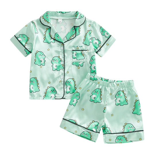 Kids Summer Pajama Set with Cute Animal Print Short Sleeve Button Down V Neck Top and Shorts Lounge Wear 2 Piece Set