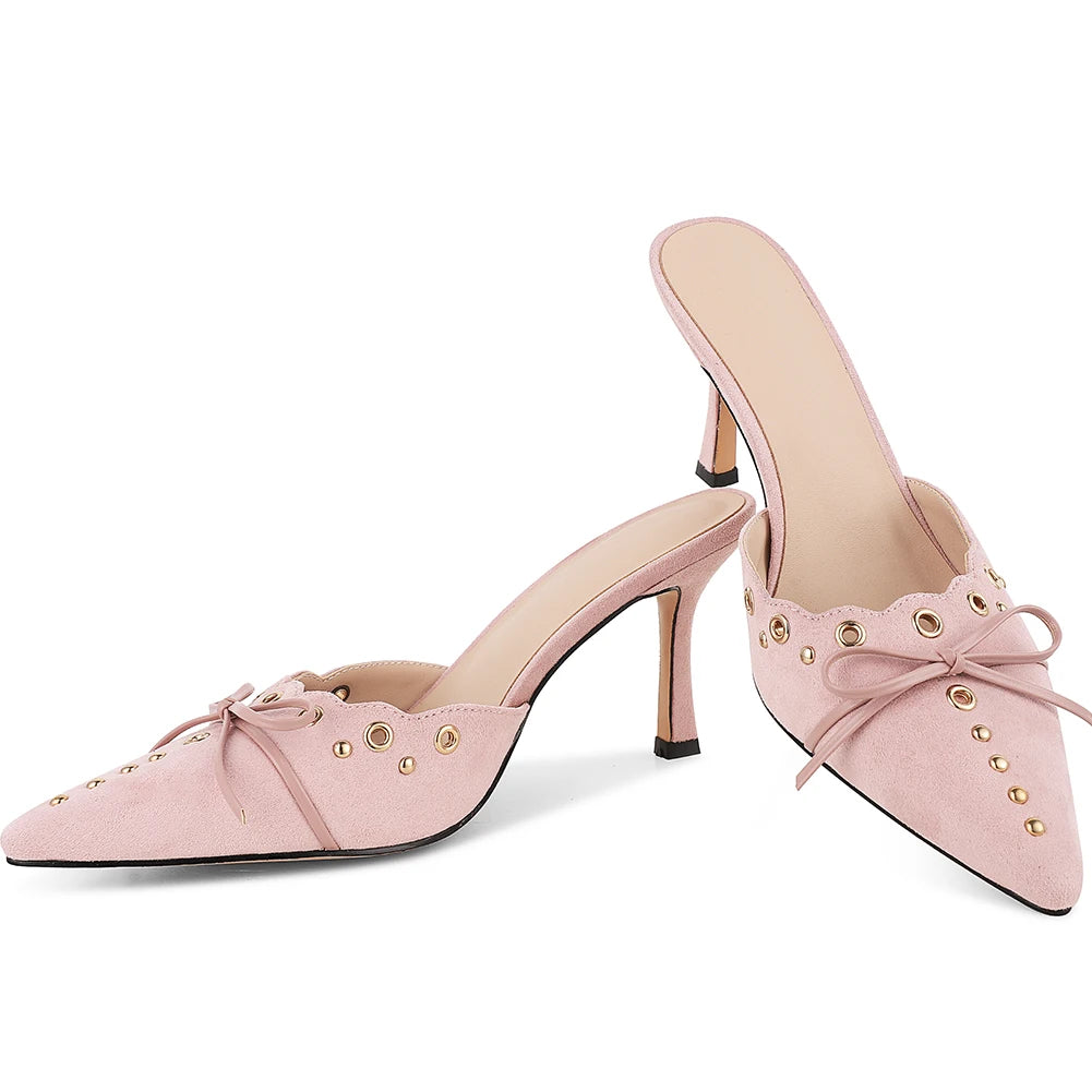 GIGIFOX Elegant Bow Decoration Ladies Mules Shoes Pointed Toe Kitten Heels Women Sandals 2024 Fashion Concise Solid Women Shoes