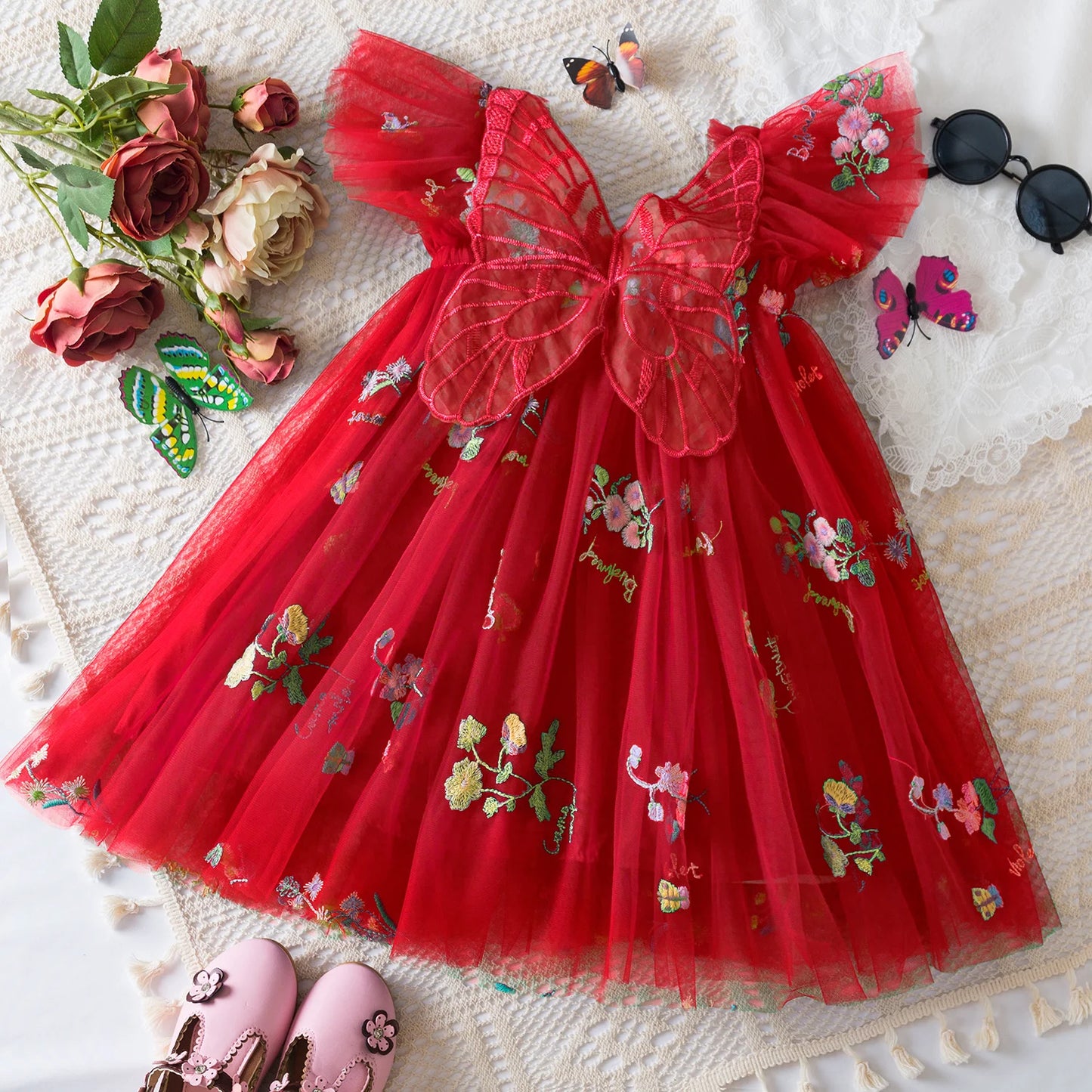 Summer Girls' Princess Party Birthday Dress Sweet Baby Girls Dress Back Bow Wings Fairy Strap Embroidered Butterfly Mesh Dress
