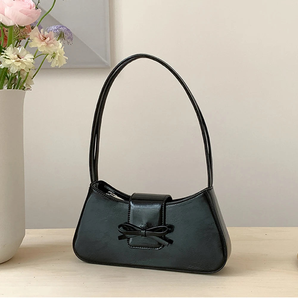 Sweet Bow Shoulder Bag PU Leather Everyday Purse with Zipper Closure Clutch Purse Retro Trendy Underarm Bag for Women and Girls