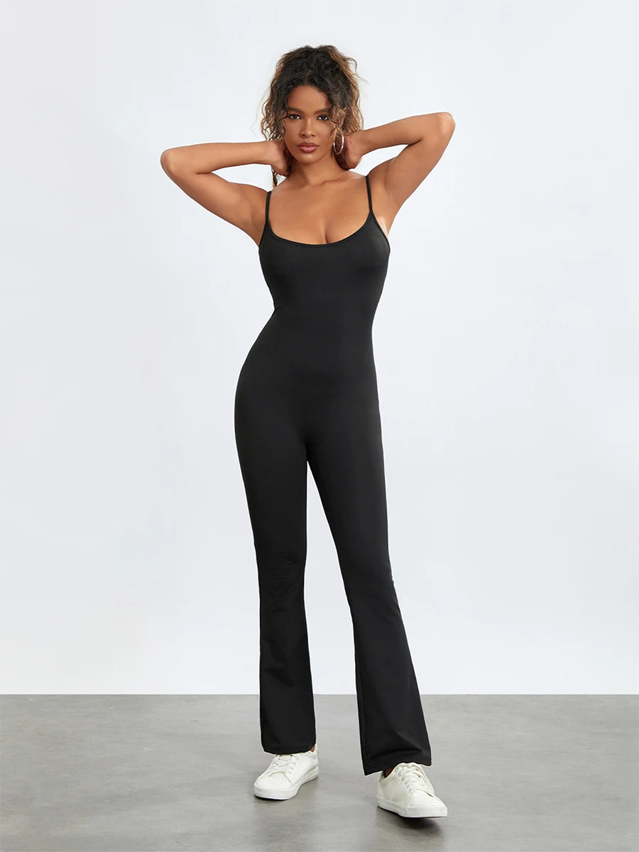 Women s Summer Long Fitted Jumpsuit Black Sleeveless Backless Cami Club Bodysuit