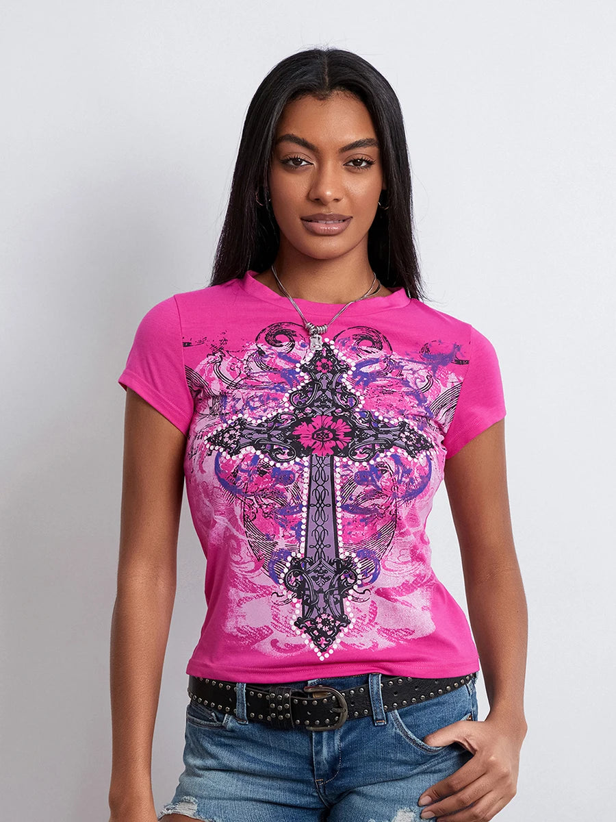 Women Short Sleeve T-Shirts Fashion Cross Print Crew Neck Shirts Summer Casual Fit Tops Streetwear