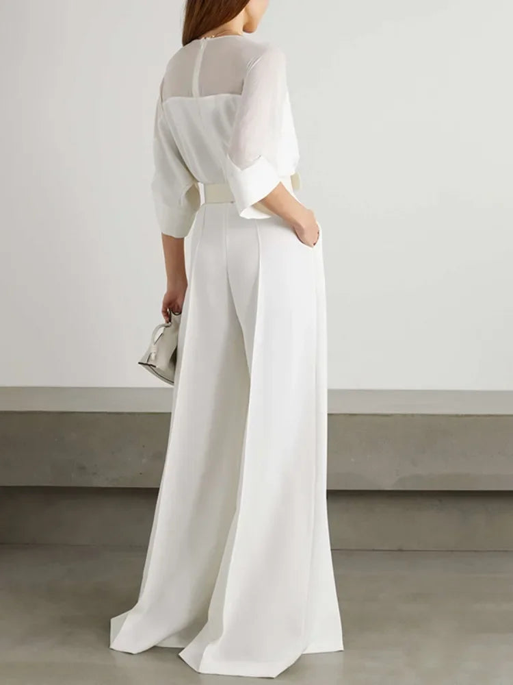 2025 New White Elegat One-piece Suit for Urban Women V-neck Mesh Patchwork Raglan Sleeve Belted Wide Leg Jumpsuit Party Overall
