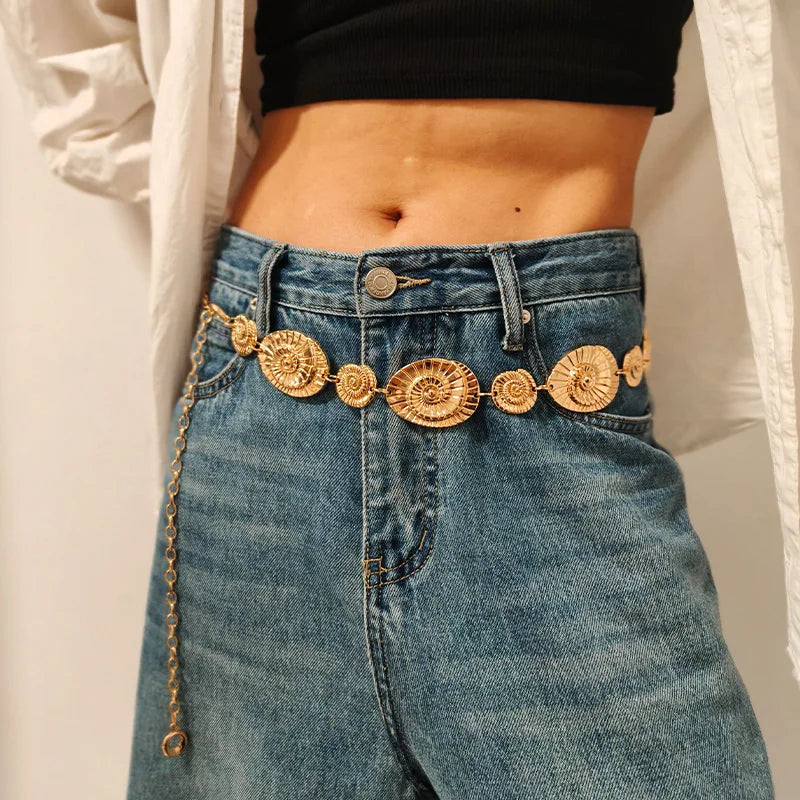 New Fashion Golden Waist Chain Metal Belt Women's Personalized Irregular Designer Geometric Shape conch Jeans Belt  Summer Beach