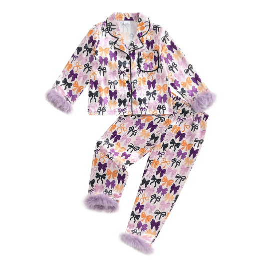 Kids Halloween Satin Pajama Set with Bow Print Long Sleeve Lapel V Neck Top and Pants Sleepwear for Toddlers