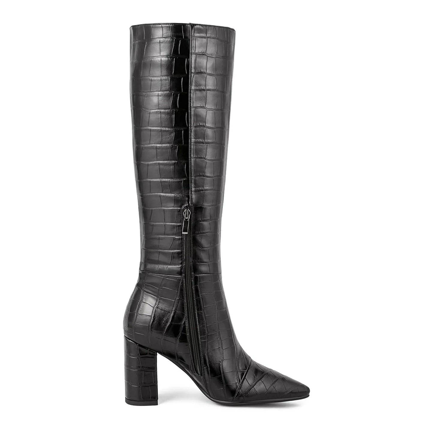 Black Knee High Boots for Women - Fashion Faux Crocodile Boots Women‘s Tall Boots Long Gogo Boots with Zipper Pointed Toe BLACK
