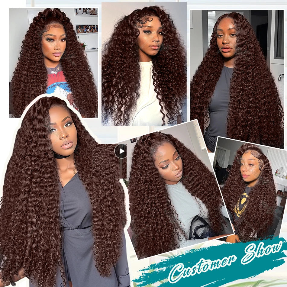 Rosabeauty Chocolate Brown Curly Wigs 13X6 HD Human Hair Lace Frontal Wig 30 32 Inch 13x4 Deep Wave #2 Colored Wig For Women