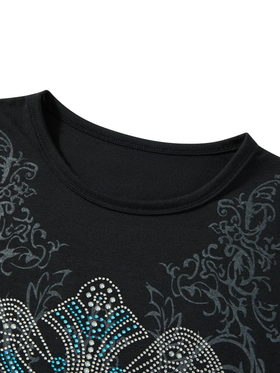 Women’s Blouse Round Neck Long Sleeve Cross Rhinestone Pattern Tops Clubwear for Spring Summer