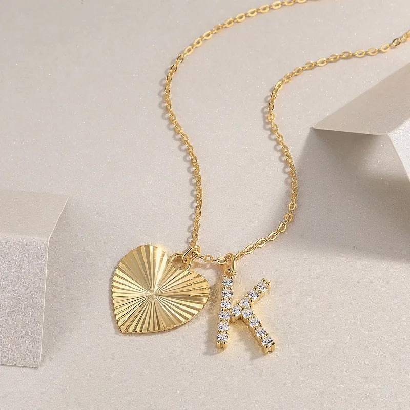 JIUZUAN Letter K Pendant Heart Necklace for Women Gold Plated 925 Silver Dainty Jewelry Gift Birthday Anniversary Elegant
