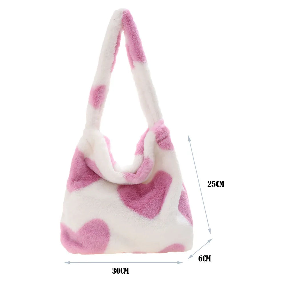 Women Fashion Plush Shoulder Bag Large Capacity Heart Fluffy Commuting Bag Furry Messenger Bag Casual Armpit Bag Daily Sling Bag