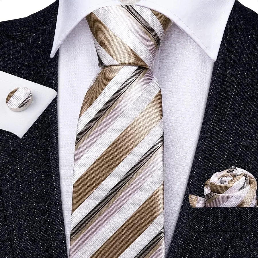 Barry.Wang Man Stripe Ties Set Silk Woven Pocket Square Necktie Cufflinks Formal Party Business
