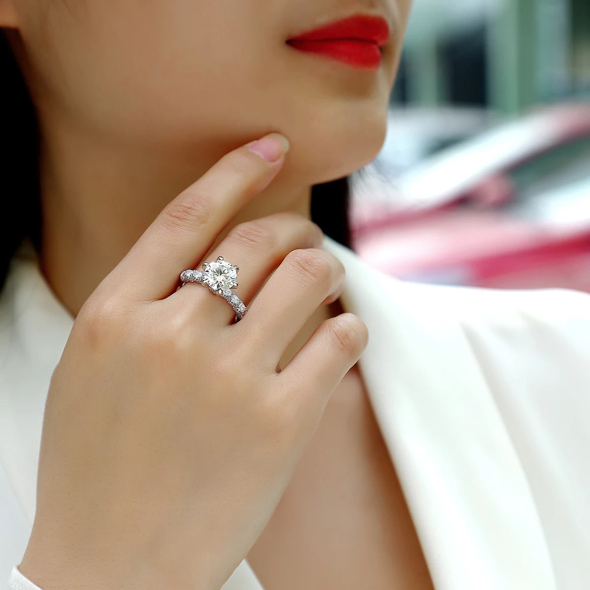 JIUZUAN 1/2/3 Carat Women's Engagement Ring Round Cut Moissanite Ring 925 Sterling Silver Classic Wedding Anniversary Ring