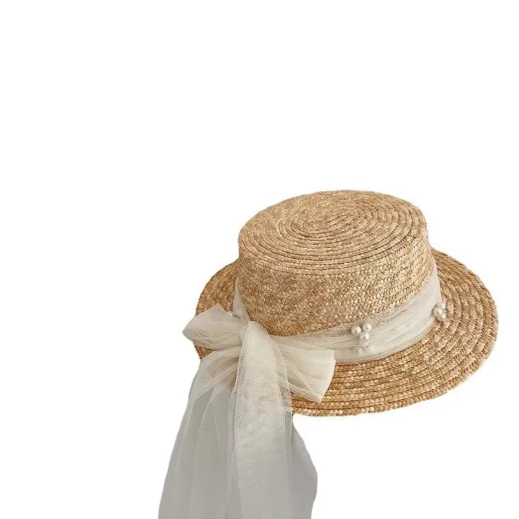 Elegant Fashion Mother Daughter Sunhats Lace Mesh Pearls Hat Cap Outdoor Beach Sunprotection Summer Straw Hat for Adult and Girl