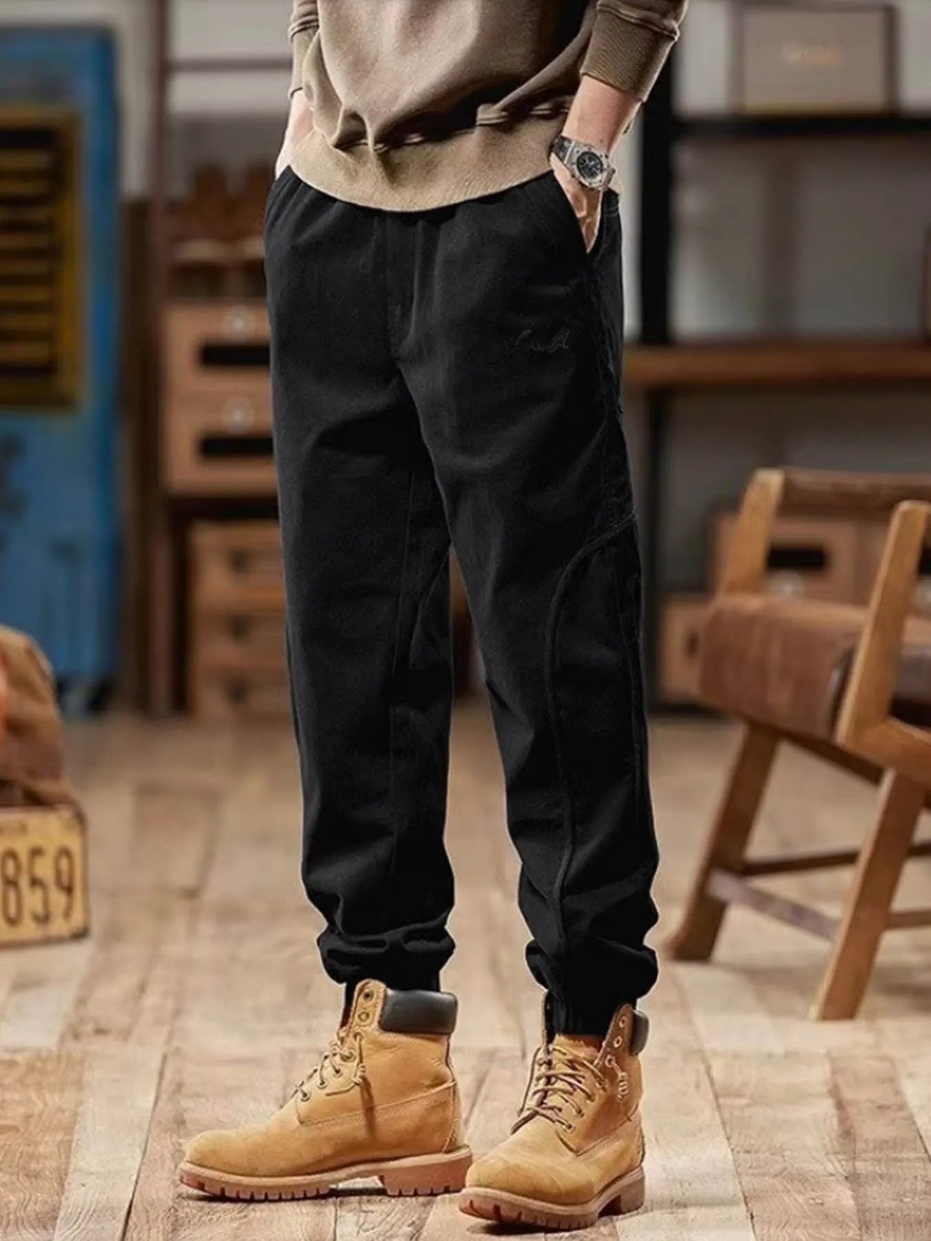 Men's casual work pants, multi-pocket design - Relaxed waist long pants suitable for outdoor, sports and autumn activities