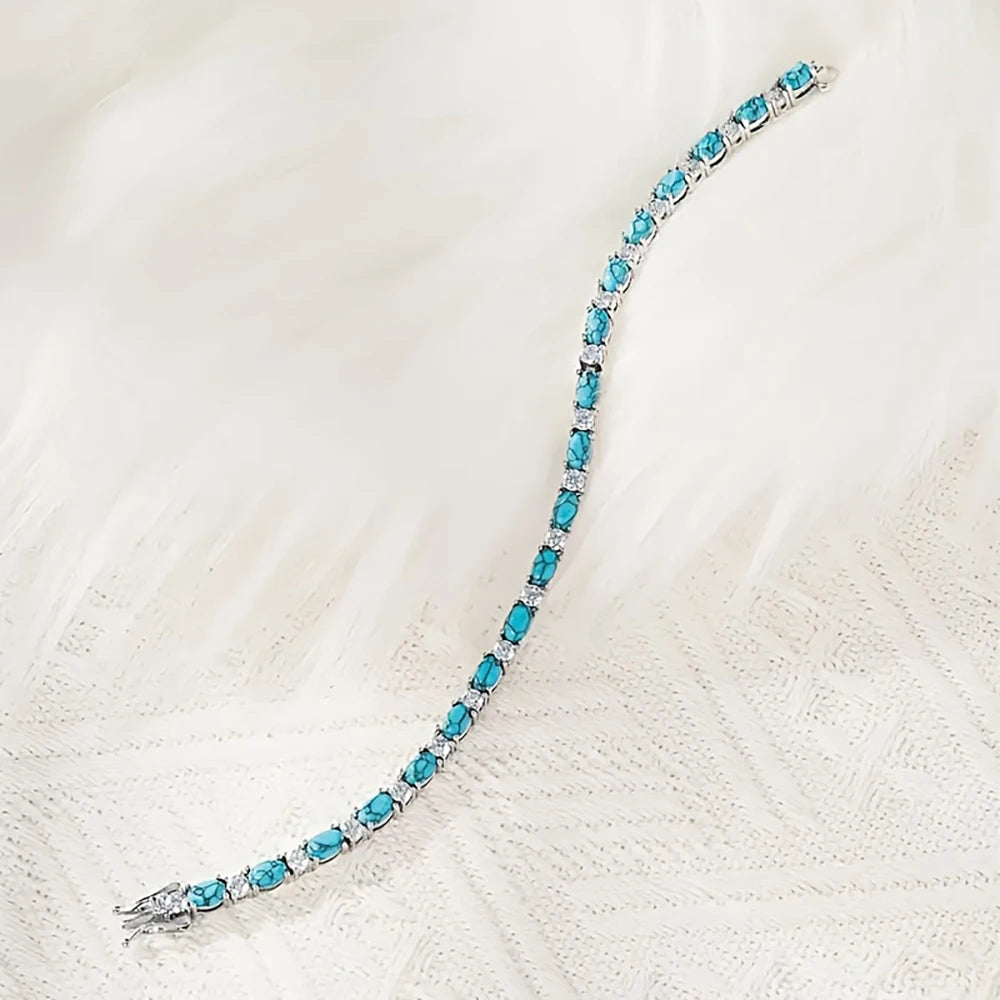 925 Sterling Silver 20cm Turquoise Tennis CZ Zircon Chain Bracelet for Women Luxury Crystal Fine Jewelry Gift Shipping from USA