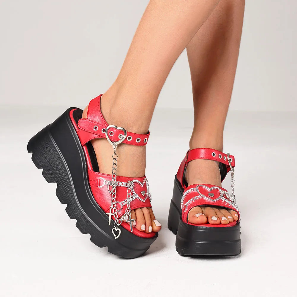 Women Y2k Gothic Sandals Wedges High Heels Platform Metal Chain Heart Decor Ankle Strap Punk Cosplay Sandals For Woman Summer Sh