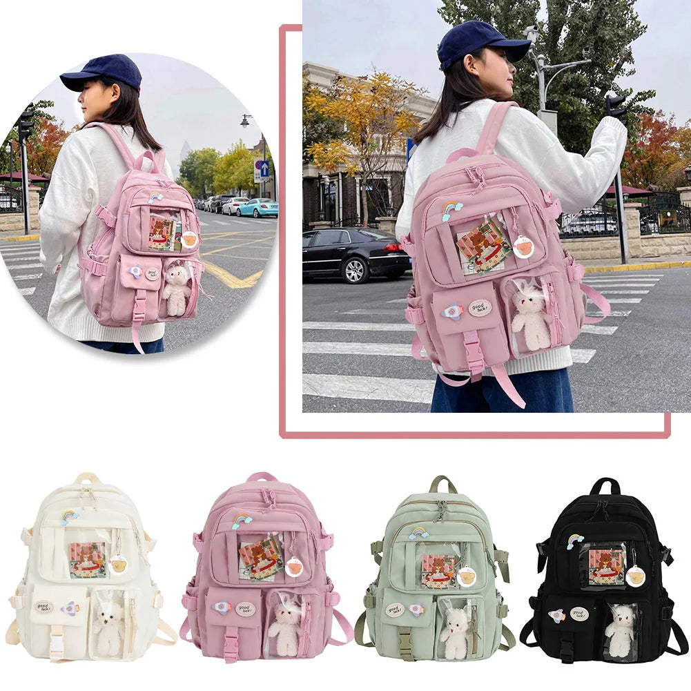 Laptop Backpack Fashion College Student Rucksack with Plush Pendant Pin Cute Kawaii Large Capacity Japanese Style for Teen Girls