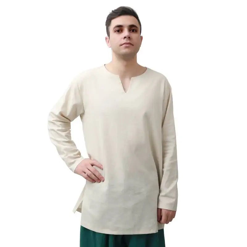DAZCOS Mens Medieval Undershirts Retro Linen Tunic Long Sleeve Shirts Pirate Reenactment Viking Fancy Clothing Carnival Shirts