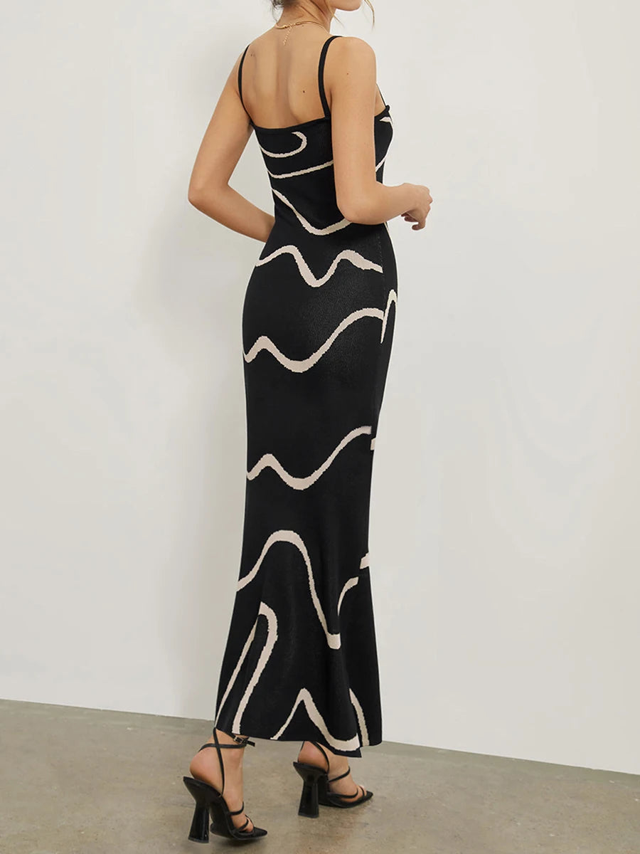 Women s Summer Cami Knit Dress Wavy Print Spaghetti Strap Open Back Party Midi Dress
