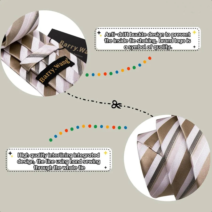 Barry.Wang Man Stripe Ties Set Silk Woven Pocket Square Necktie Cufflinks Formal Party Business
