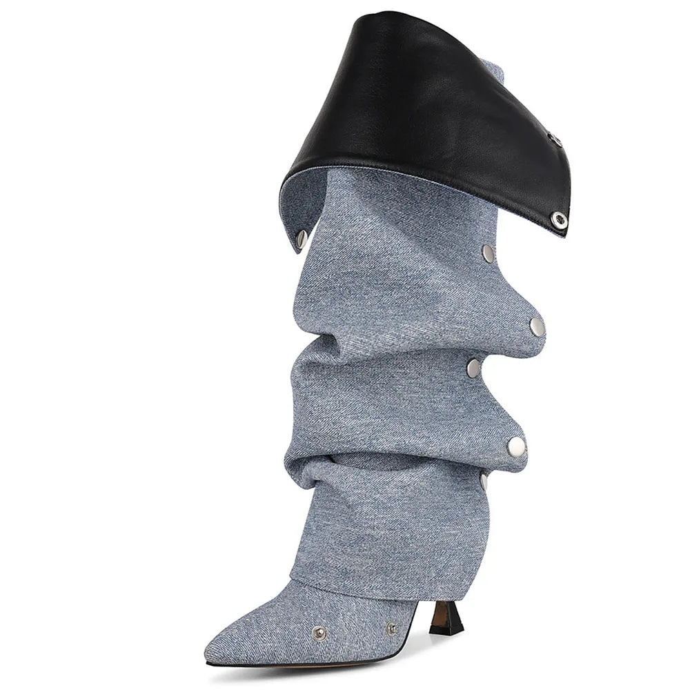 DoraTasia Fashion Fold Over Knee High Boots Pleated Pointed Toe Stiletto High Heeled Women Boots Zipper Rivet Shoes For Woman