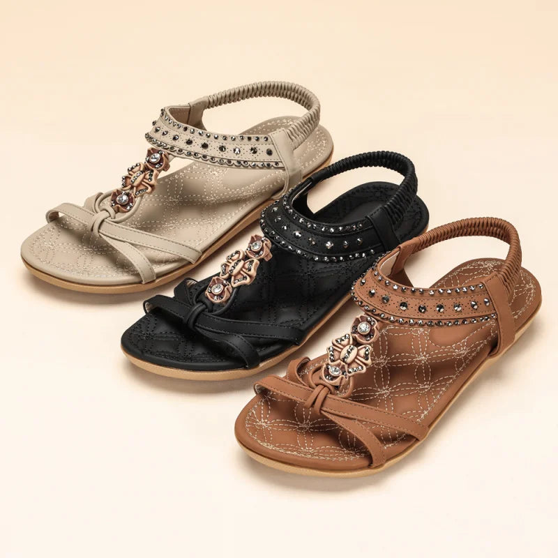 Women'S Sandals Bohemian Style Flat Shoes Suitable For Outdoor Beach Shoe Diamond-Studded Casual Fashion With Skirt Black White