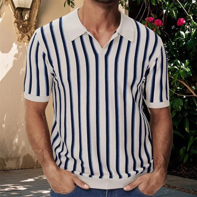 Men s Fit Striped Knit Shirt with Lapel V Neck and Short Sleeves - Stylish Summer Streetwear Top for a Trendy Look