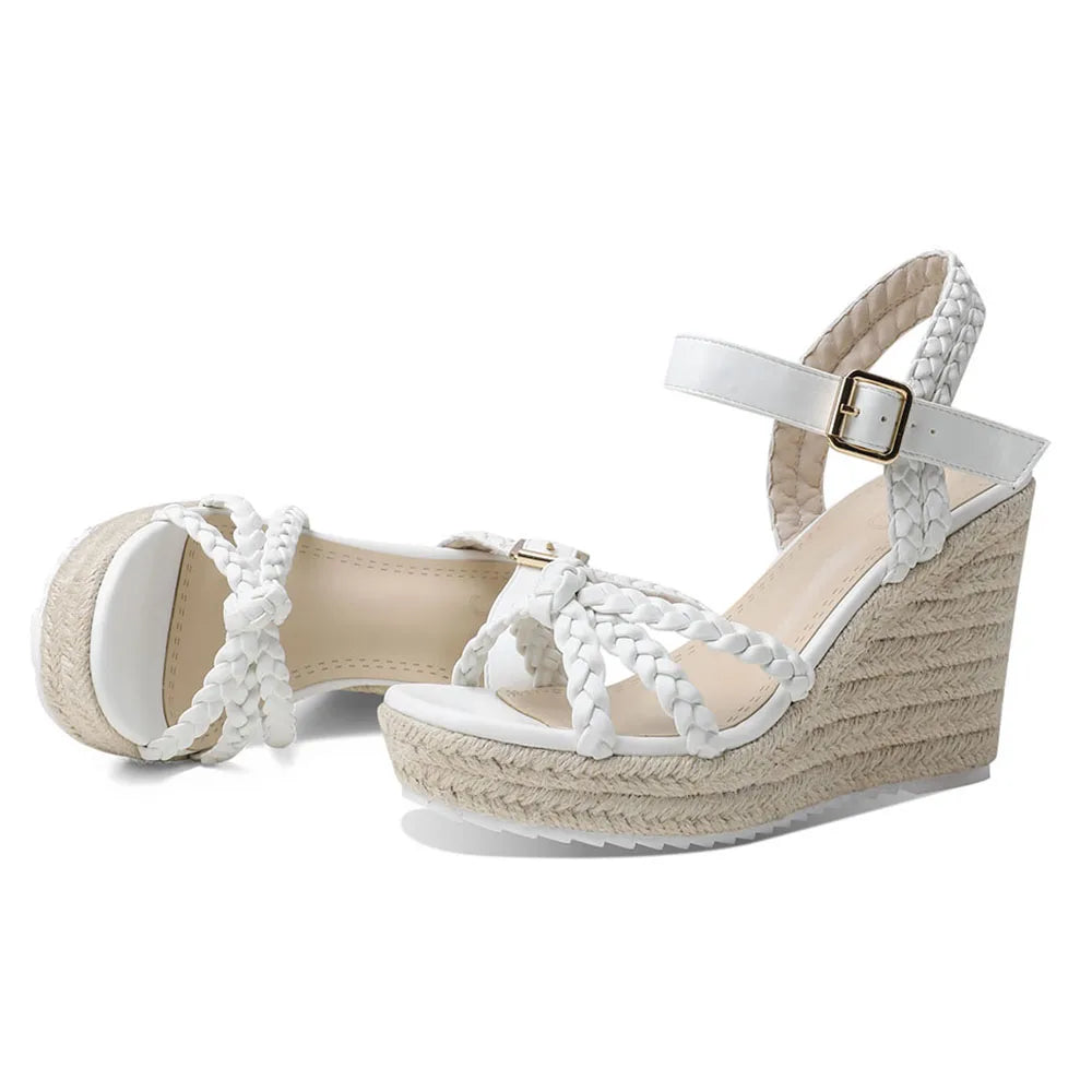 GIGIFOX Straw Woven High Wedges Heel Waterproof Platform Women High-heeled Sandals Round Toe ThicK Buckle Strap Bohemia Shoes