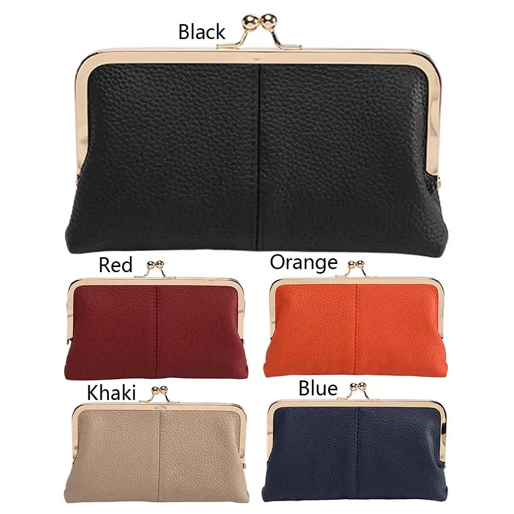 Genuine Leather Vintage Kiss Lock Wallet Large Capacity Long Card Holder Double Clip Travel Wallet Key Card Storage Bag