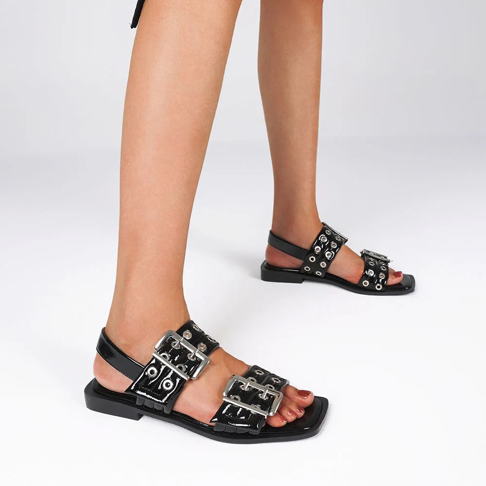 GIGIFOX INS Brand New Buckle Strap Square Toe Flat Sandals For Women Metal Buckle Rivet Leisure Casual All-Match Flats Shoes
