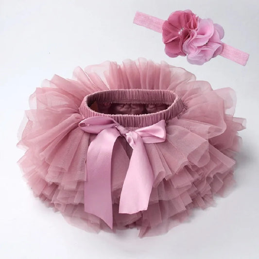 Baby girl tutu skirt 2pcs tulle lace bloomers diaper cover Newborn infant outfits Mauv headband flower set Baby mesh bloomer
