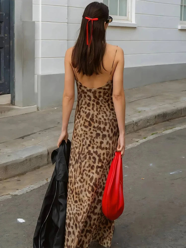 Weird Puss Leopard Print Dress Woman Summer Sexy Swing Collar Spaghetti Straps Backless Ruffles Party Clubwear Skinny Vestidos