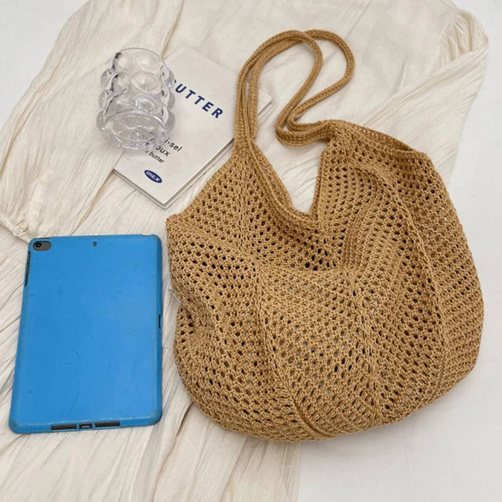 Women Knitting Shoulder Bag Solid Color Hollow Summer Bag Large Capacity Knitted Tote Handbag Ladies Daily Handbag