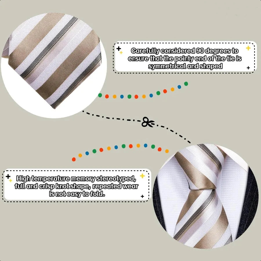 Barry.Wang Man Stripe Ties Set Silk Woven Pocket Square Necktie Cufflinks Formal Party Business