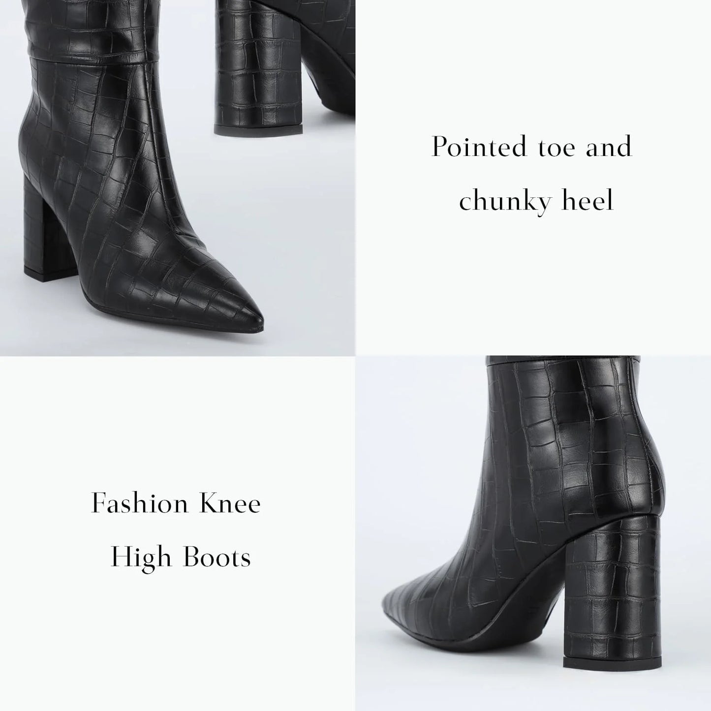 Black Knee High Boots for Women - Fashion Faux Crocodile Boots Women‘s Tall Boots Long Gogo Boots with Zipper Pointed Toe BLACK