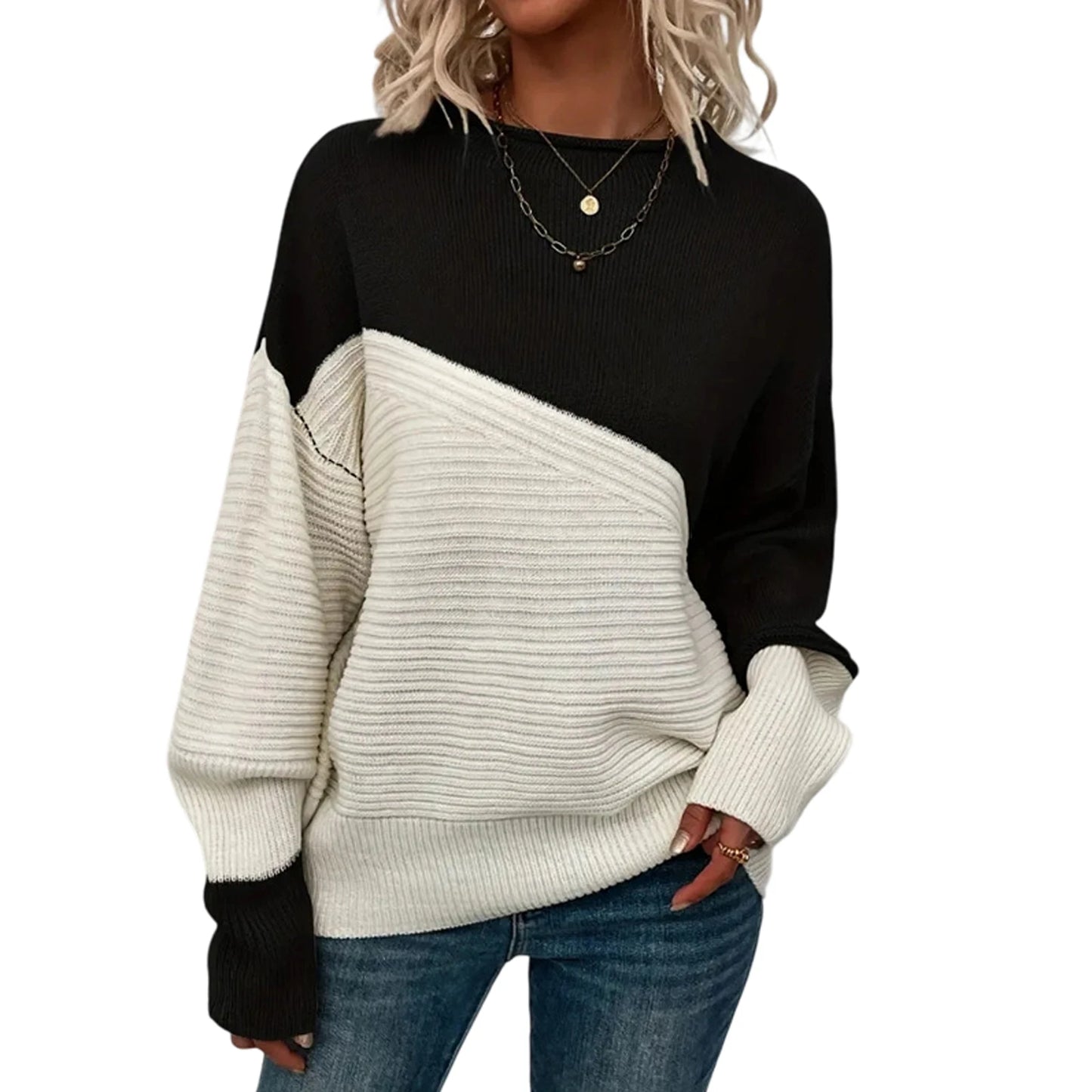 Women'S Casual Round Neck Colorblock Pullover Sweater Loose Casual Long Sleeve Contrast Color Top Pulls Femmes Woman Clothes
