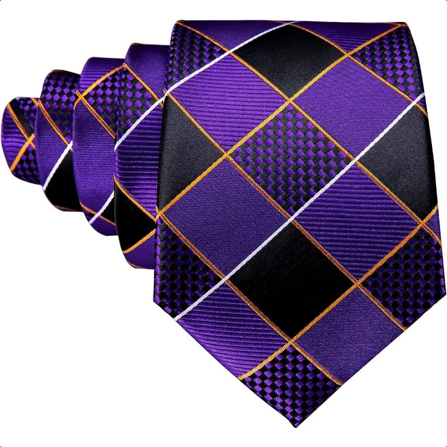 Barry.Wang Plaid Ties Check Mens Necktie Set with Handkerchief Cufflinks Classic Stripe