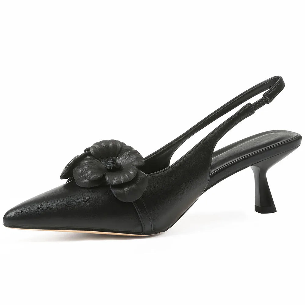 GIGIFOX Flower Kitten High Heel Sandals For Women Pointed Toe Elastic Band Pull-on Slingback Pumps Elegant INS All-Match Sandals