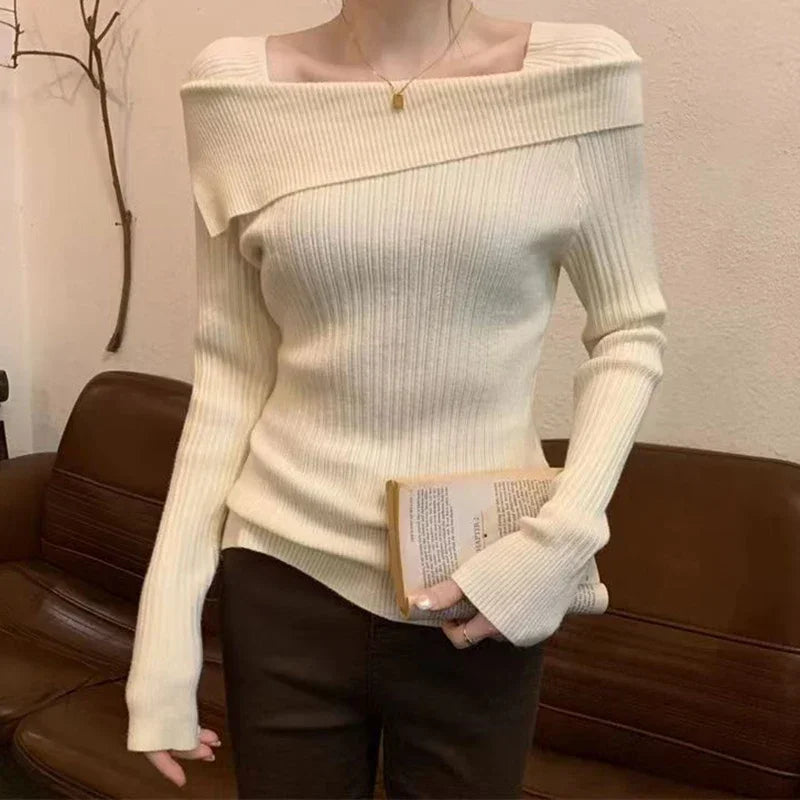 Solid Sexy Slim Off Shoulder Slash Neck Long Sleeve Knitting Sweater Women Jumpers Office Fashion New
