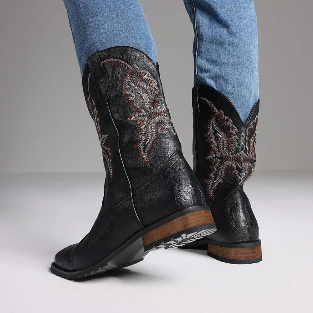 DoraTasia Plus size 12.5 New Fashion Retro Square Toe Neutral Cowboy Boots Luxury Embroidered Concise Pull-on Western Boots