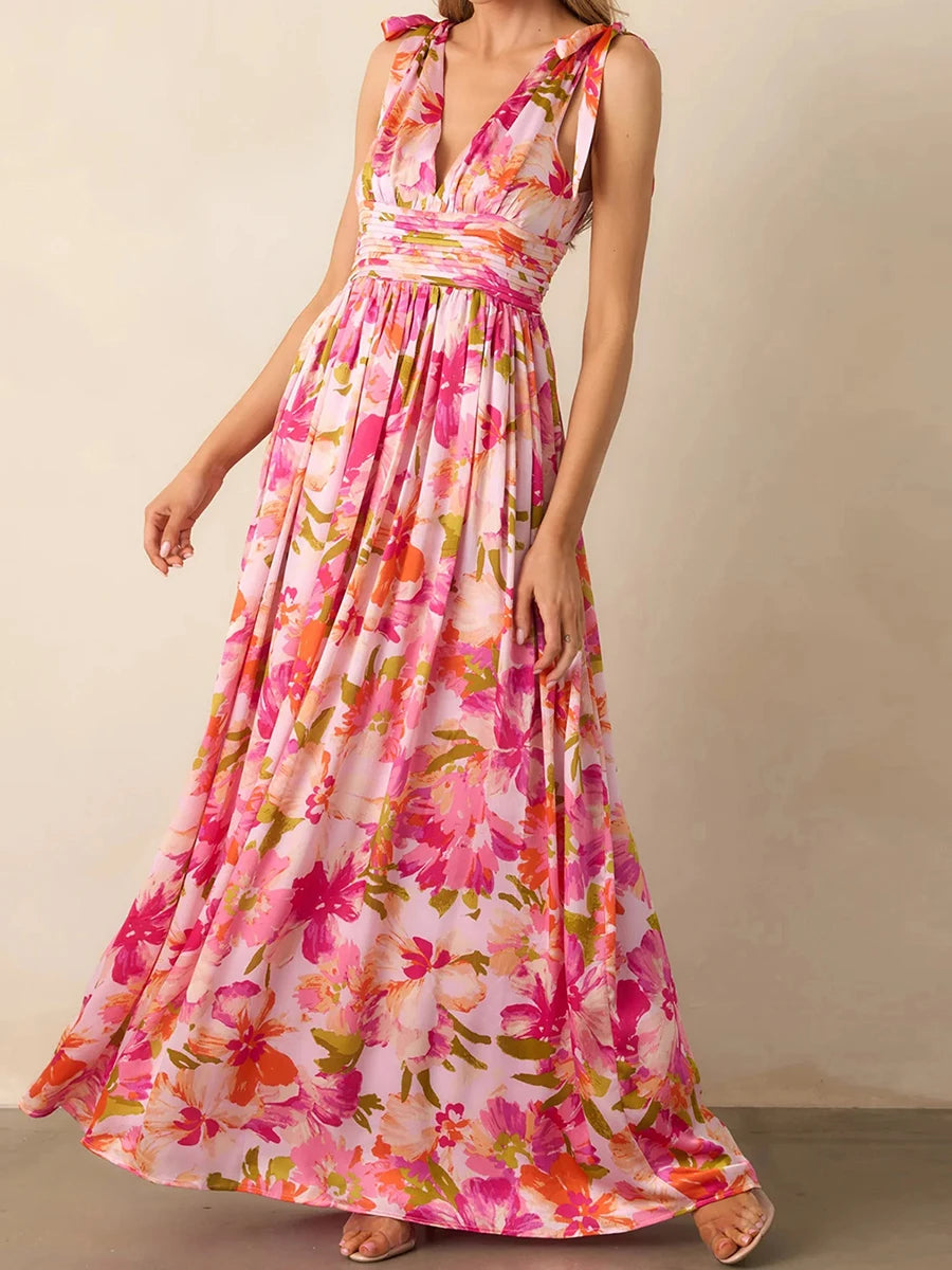 Elegant Maxi Dress with Boho Floral Print Stylish V-Neckline and Chic Tie-Up Shoulder Detail Perfect for Summer Casual Wear