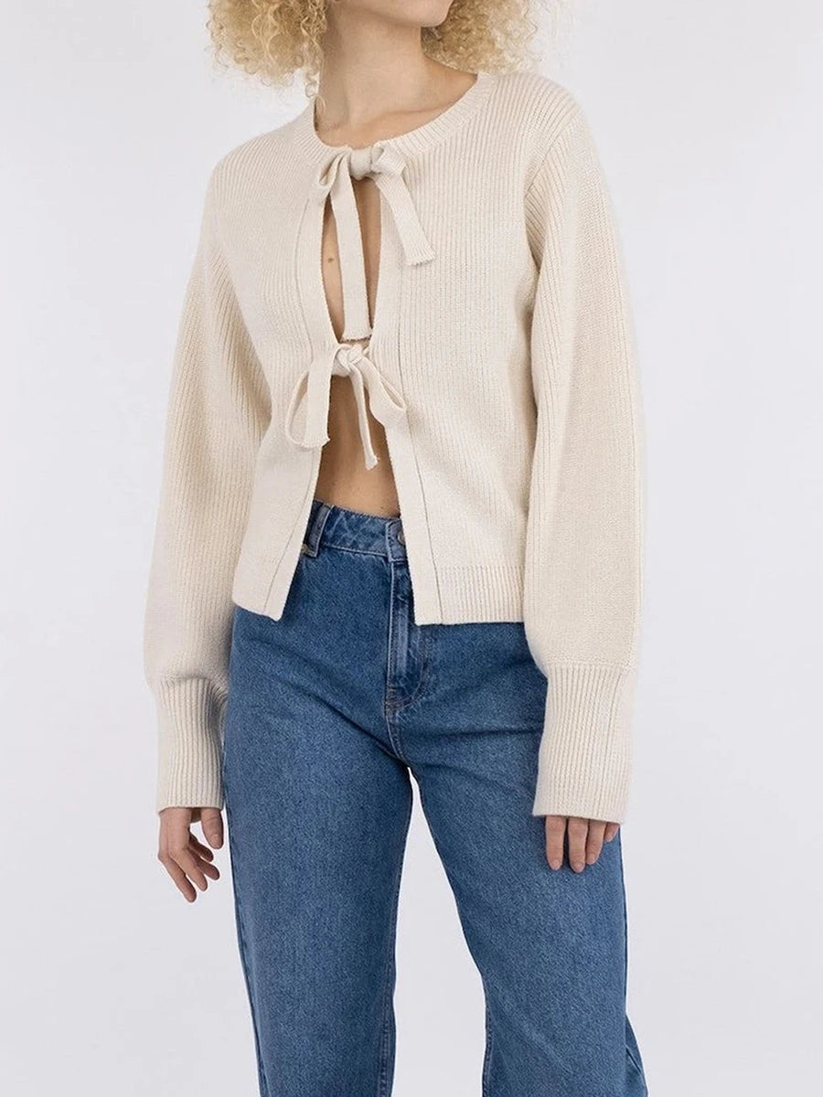 Womens Fall Knit Cardigan Solid Color Ribbed Tie Front Long Sleeve Loose Winter Sweater Coat