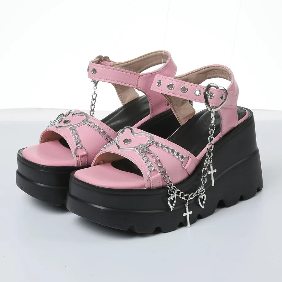 Women Y2k Gothic Sandals Wedges High Heels Platform Metal Chain Heart Decor Ankle Strap Punk Cosplay Sandals For Woman Summer Sh
