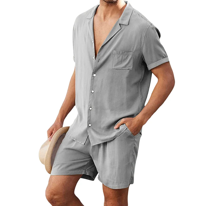 Men s Casual Two Piece Linen Outfit with Short Sleeve Button-up Shirt and Elastic Waist Shorts in Solid Color