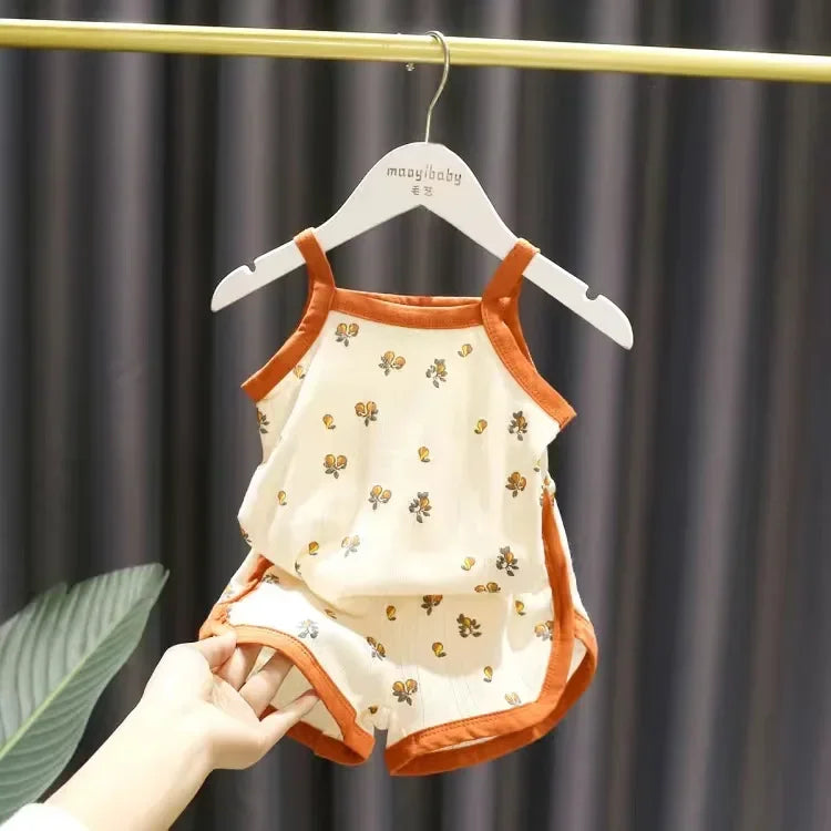 Baby Clothes Sets Summer Toddler Girl Strap Suits Cotton Printing Baby Boy Tops Tee and Shorts Infant Tracksuit Newborn Sets