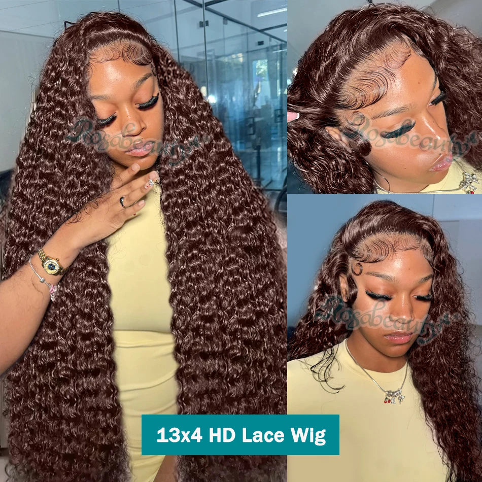 Rosabeauty Chocolate Brown Curly Wigs 13X6 HD Human Hair Lace Frontal Wig 30 32 Inch 13x4 Deep Wave #2 Colored Wig For Women