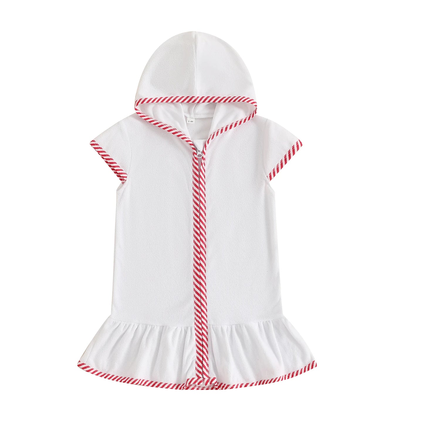Kids Girl Hooded Beach Coverup Stripe Print Loose Fit Short Sleeve Zipper Bathrobe for Summer